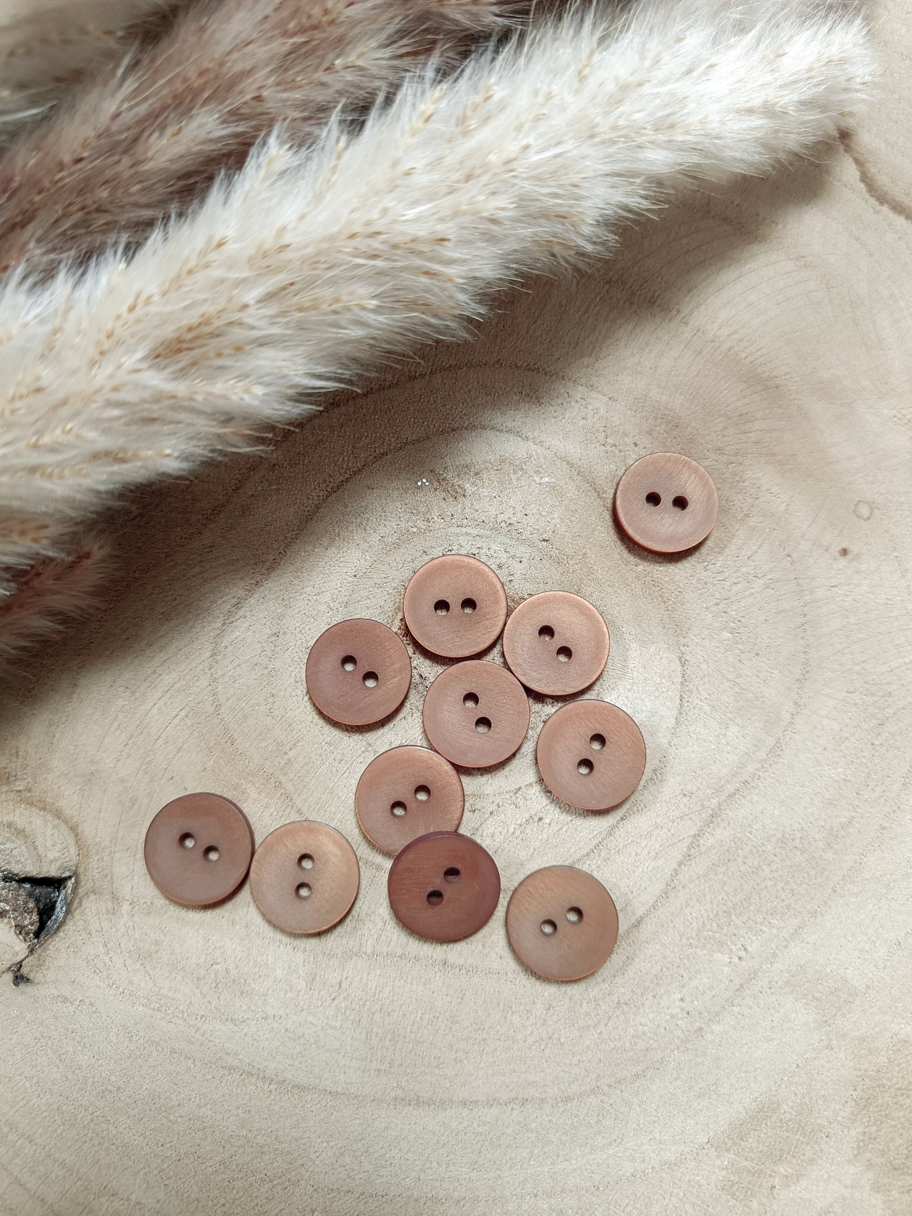 Boutons satinés 2 trous - Chocolat - 15 mm de diamètre