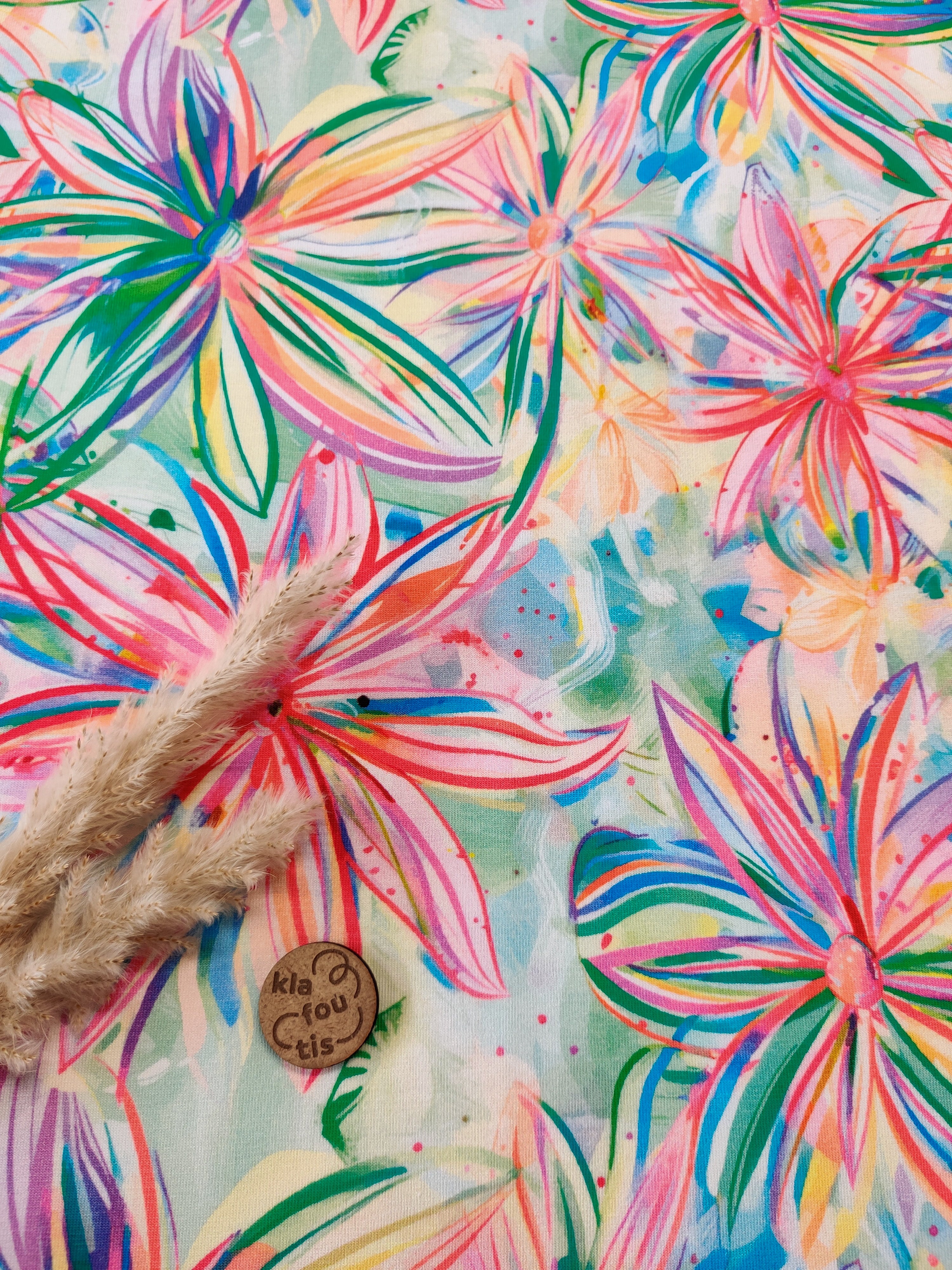 Jersey de coton rose - Fleurs en mouvement