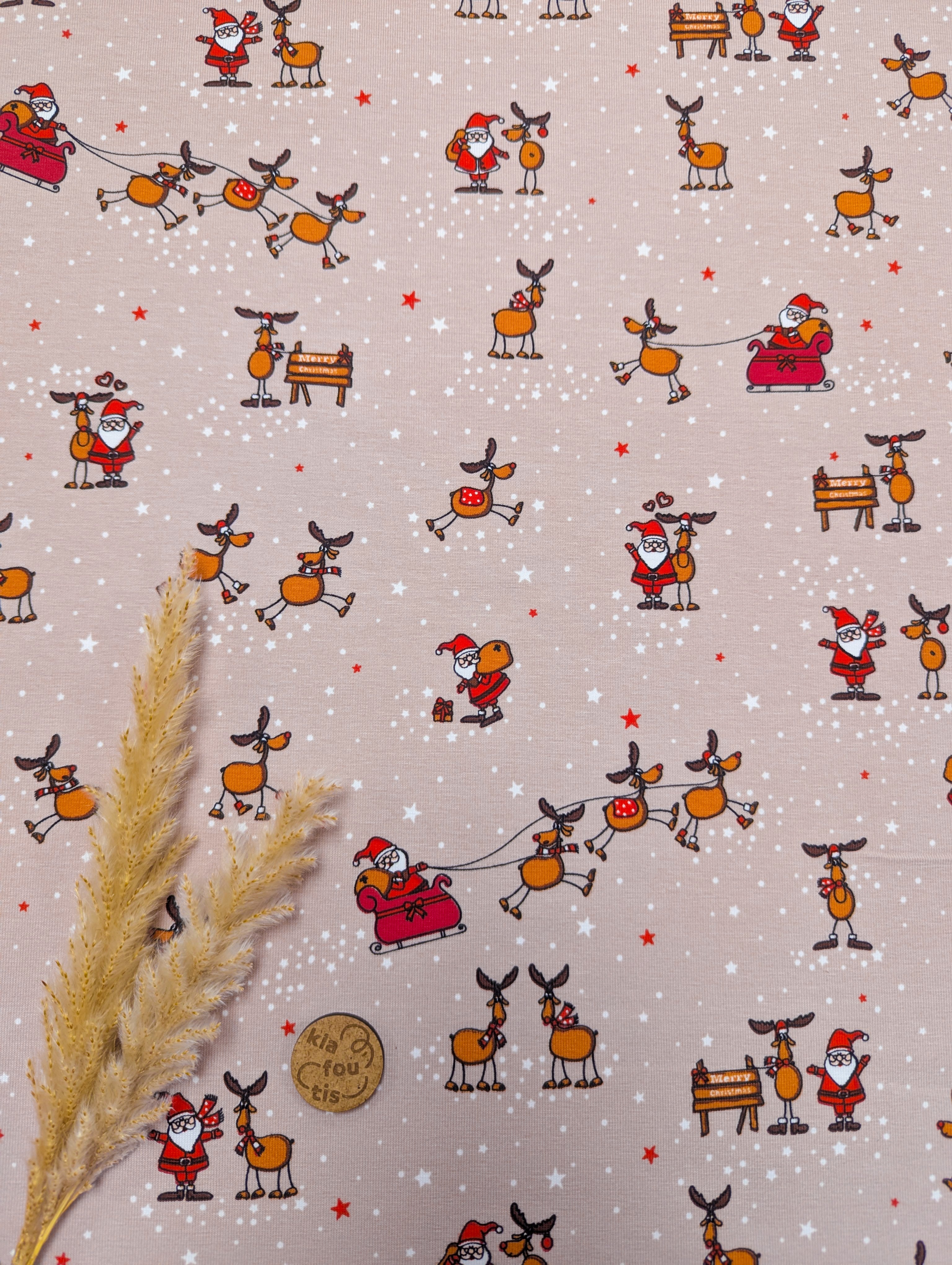 Jersey de coton sable - Rudolph et le Père Noël