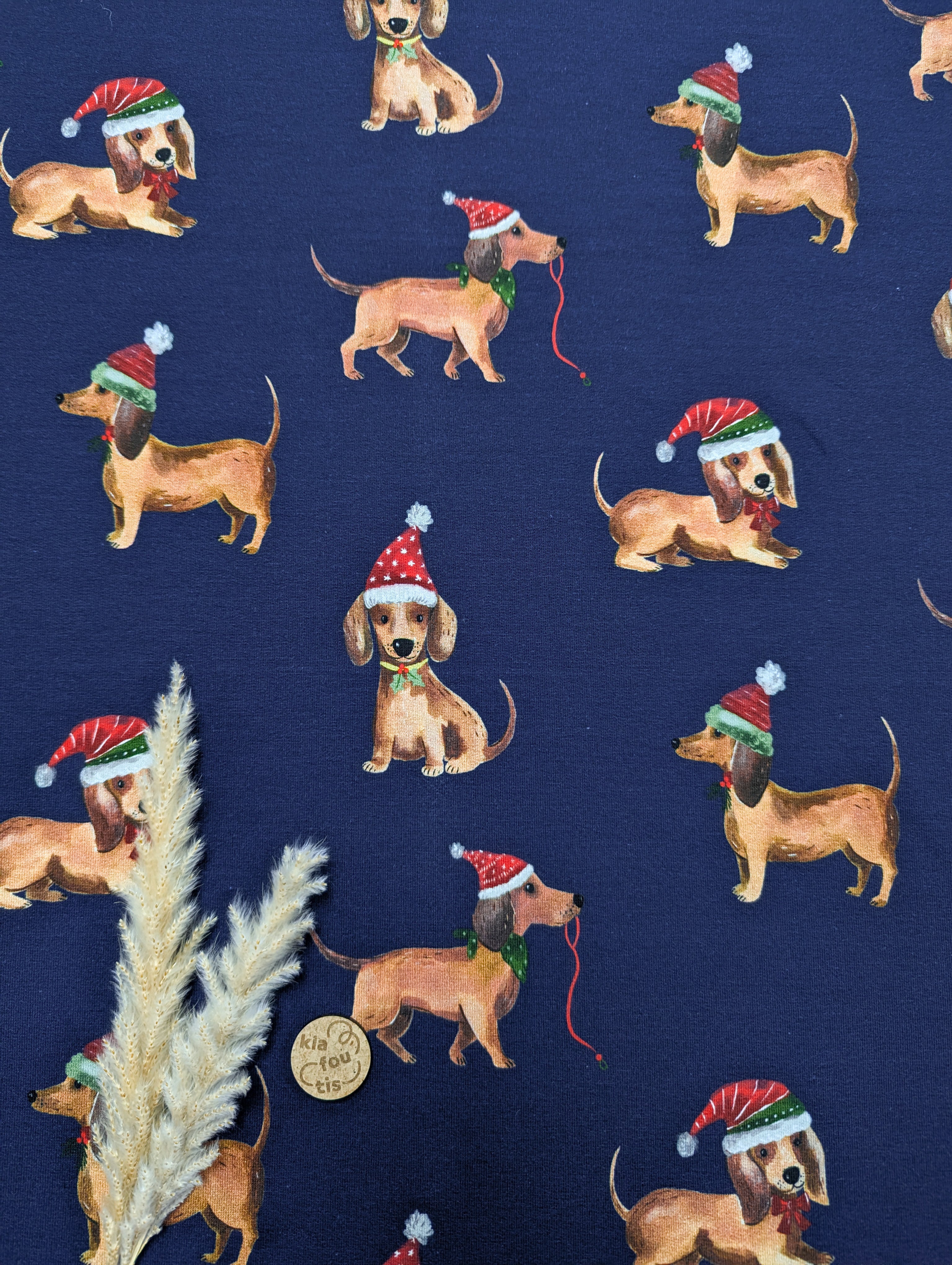 French terry bleu marine - des teckels à Noël