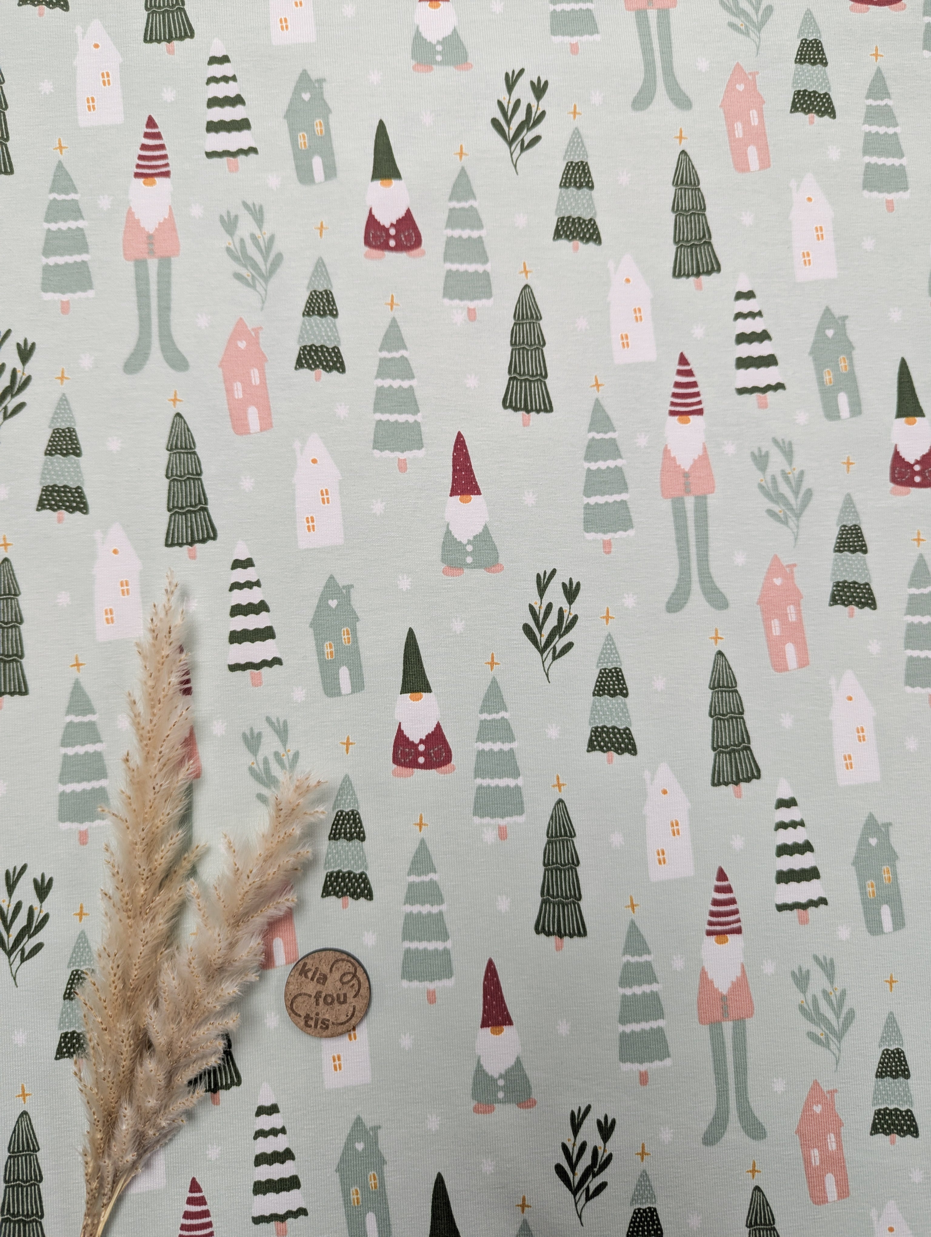 Jersey de coton menthe - gnomes entourés de sapins