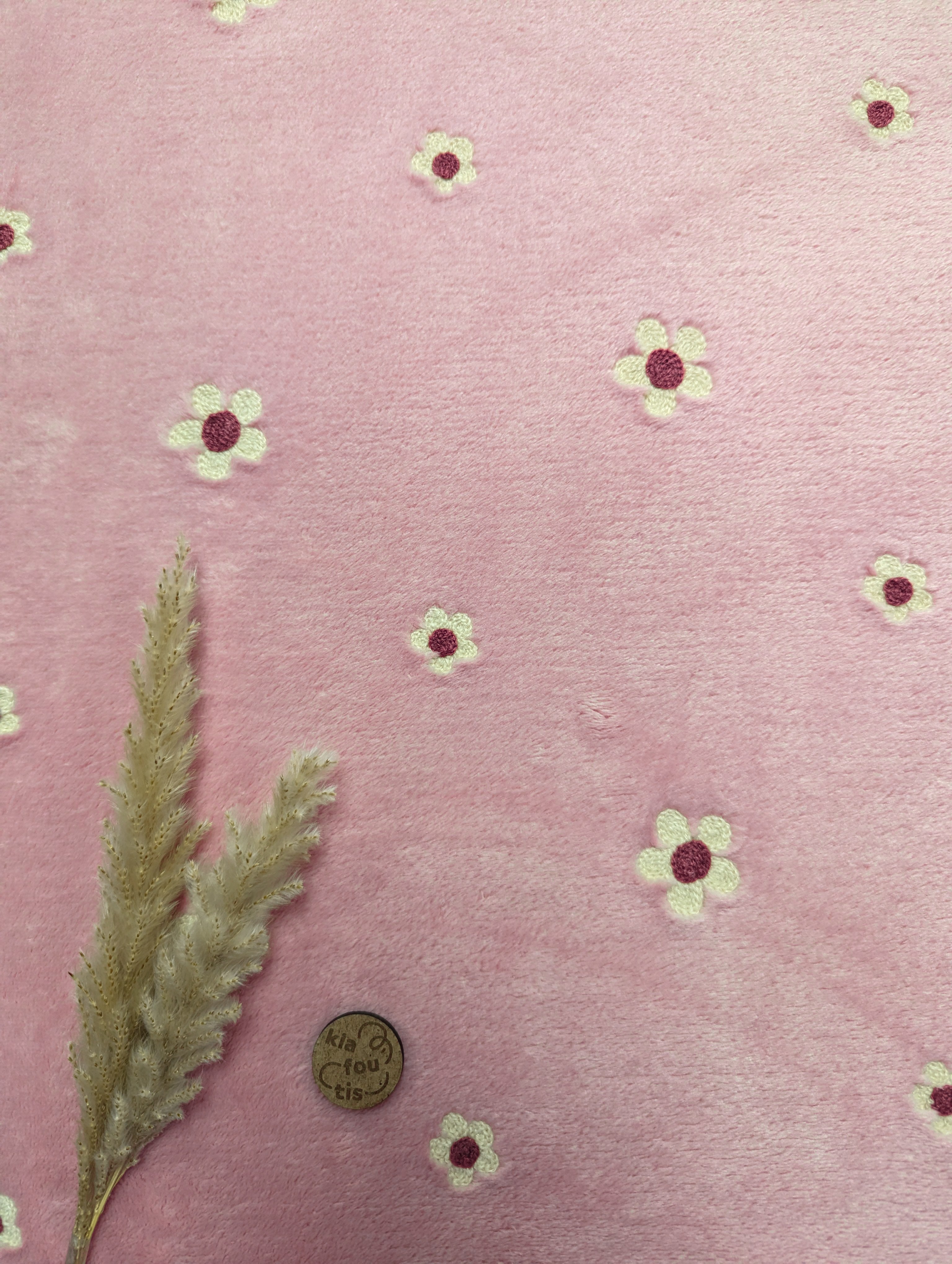 Tissu doudou double face rose - broderie florale