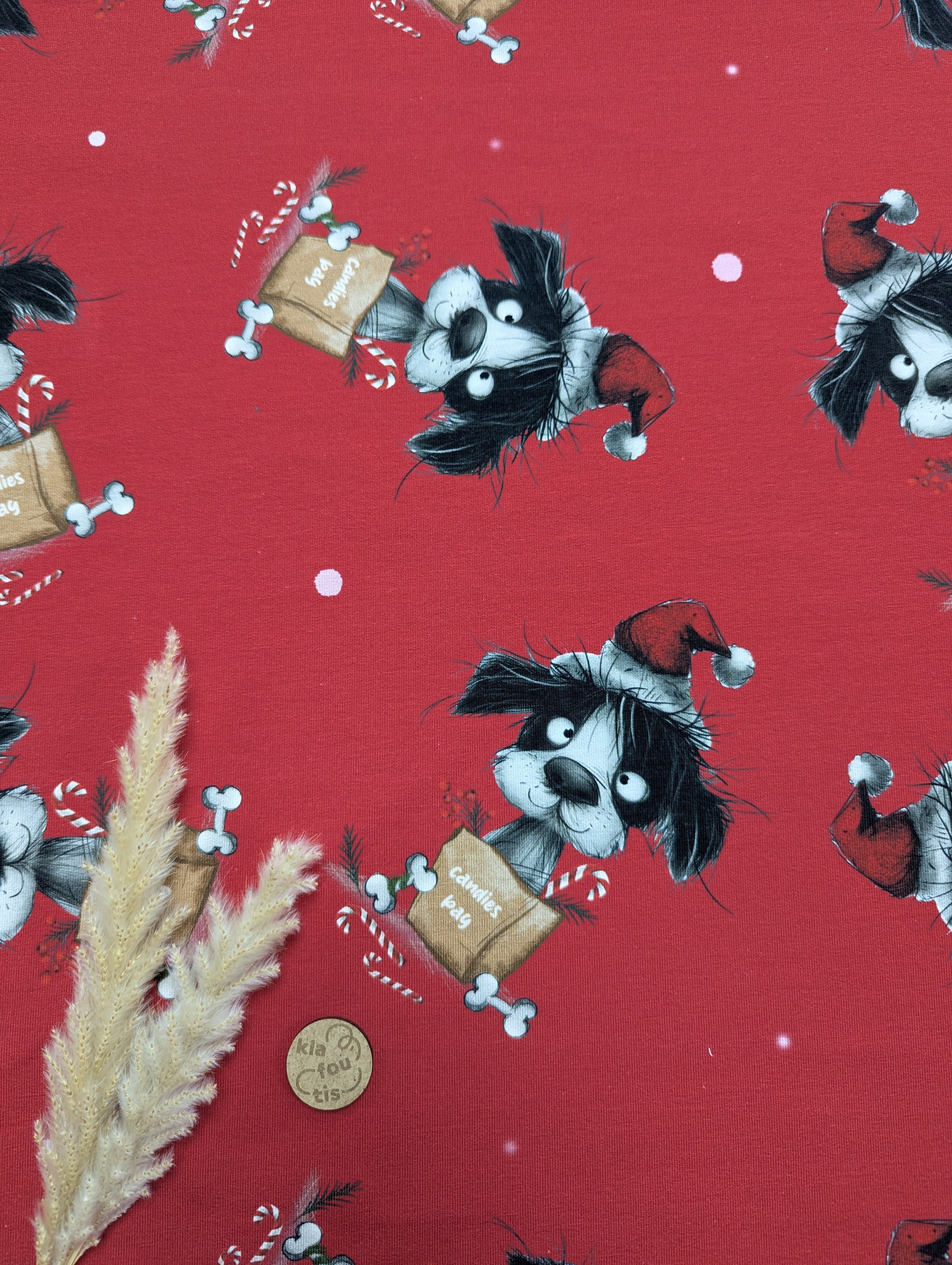 French terry rouge de Noël - chien surprise