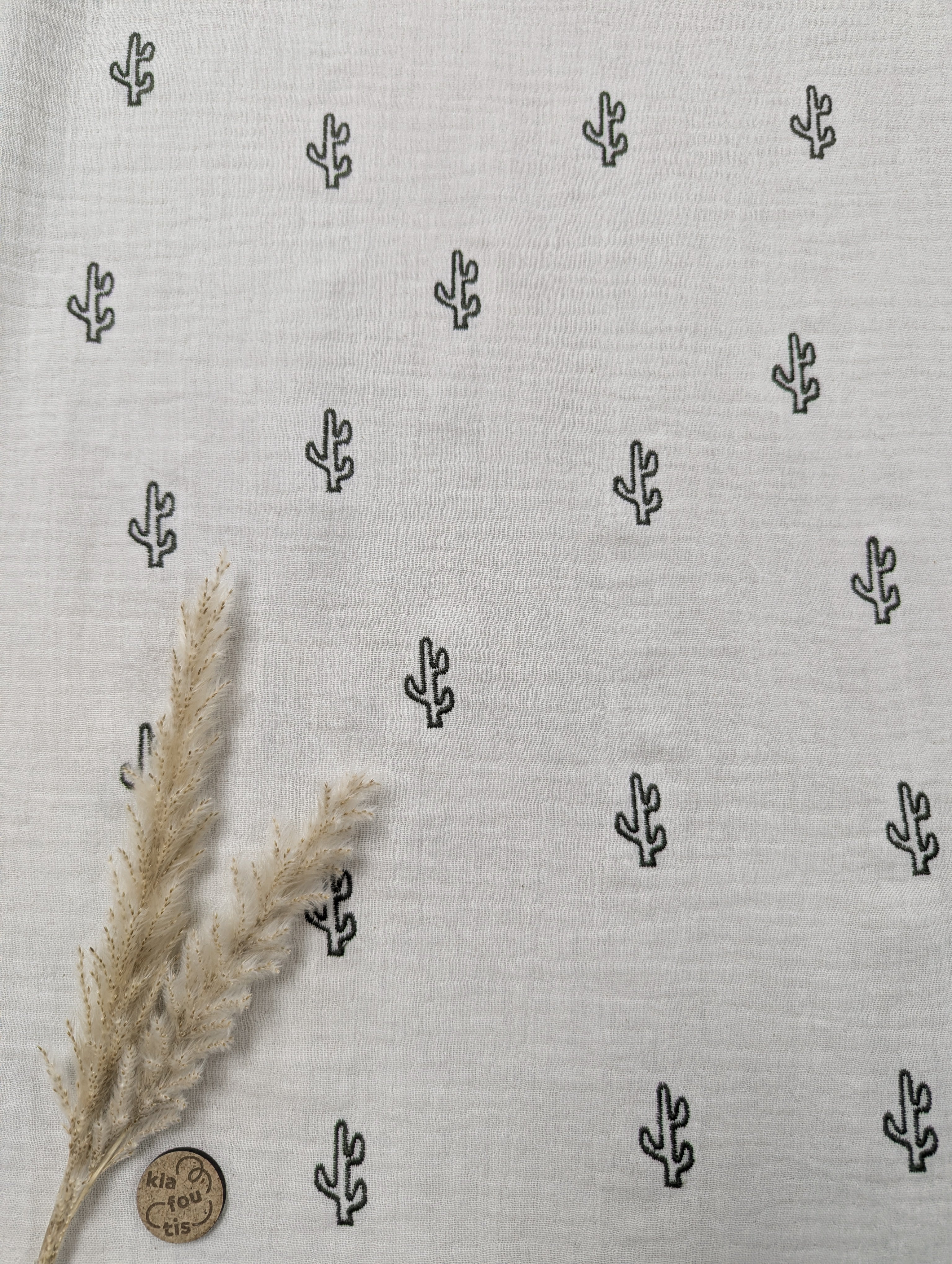 Double gaze brodée beige naturel - cactus
