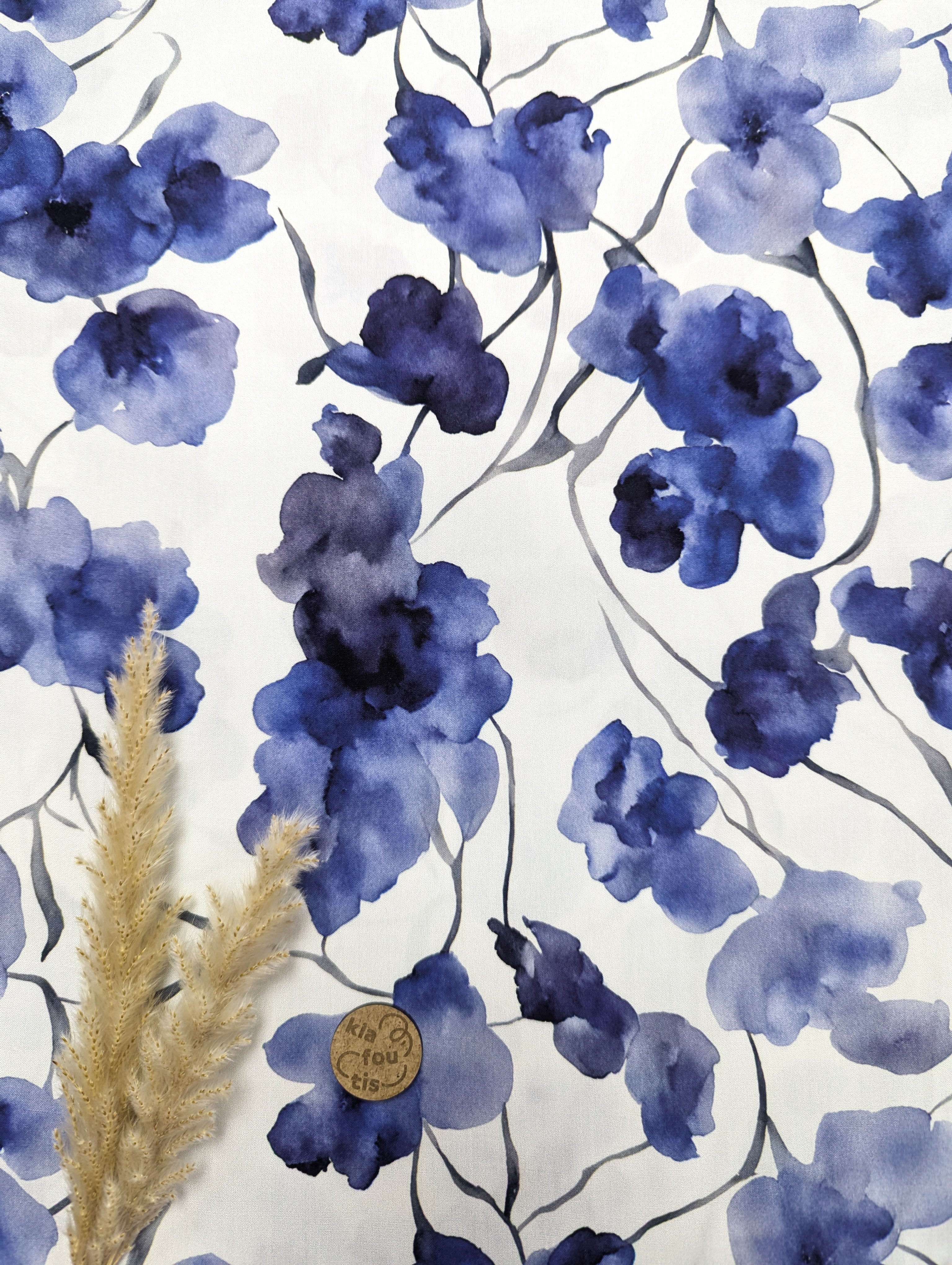 Popeline de viscose écru - aquarelle bleutée