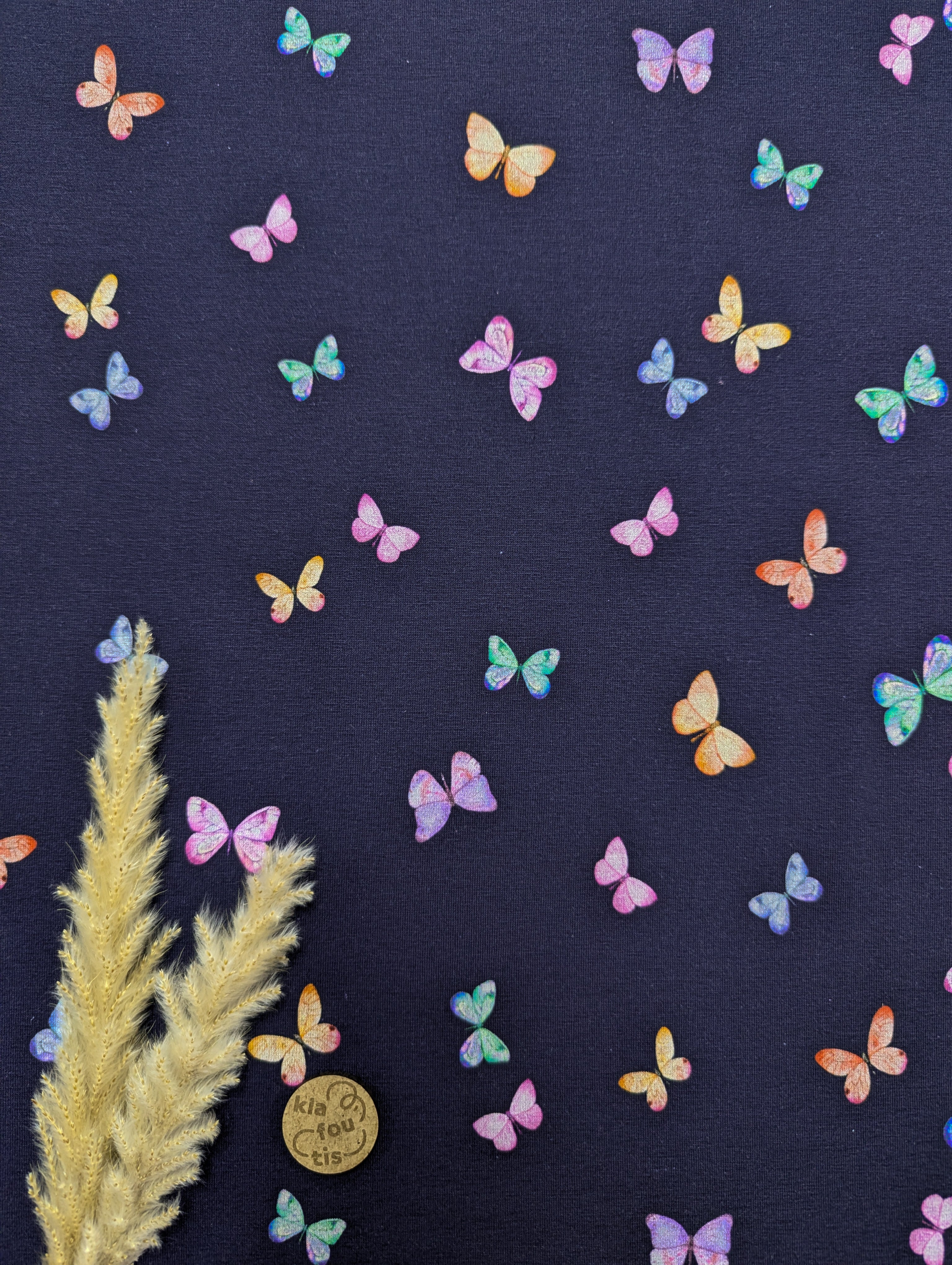 Jersey de coton bleu marine - papillons colorés